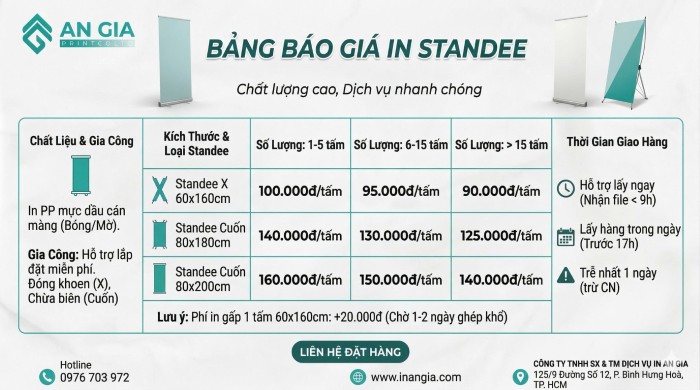 Bảng báo giá dịch vụ in standee PP của An Gia với các kích thước, số lượng và thời gian giao hàng